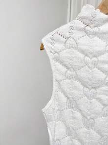 Resyla 女士休闲镂空心形图案针织立领T恤，夏季 - 白色 - 查看 7