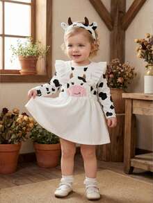 SHEIN Playful Pals Baby Girl Spring&Autumn Cute Style ,Interlocking Bobysuit &Bee Pattern Dress Give Headband - Black - View 5