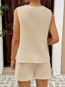 SHEIN Conjunto informal de 2 piezas de maternidad de unicolor, sin mangas, con cuello en V y lazo, cómodo y transpirable, para verano - Albaricoque - Ver 2