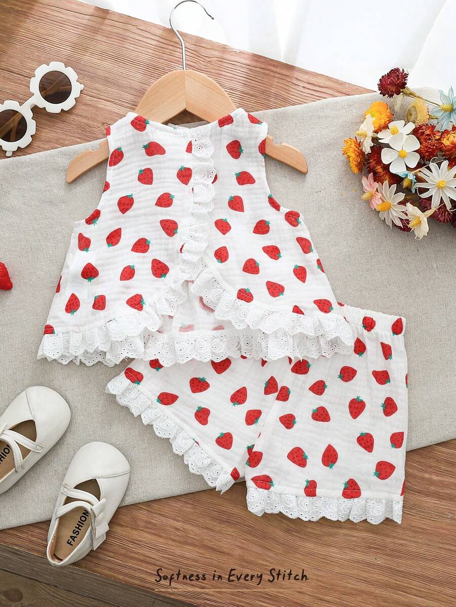 Cozy Pixies Baby Girl Strawberry Pattern Ruffle Trim Sleeveless Top And Elastic Waist Pants 2 Pieces Set - Multicolor - View 1