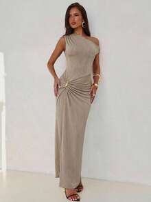 Aloruh 优雅纯色极简主义不对称肩部修身长裙，饰以现代金属装饰，美人鱼裙摆紧身长裙，不对称肩部现代装饰连衣裙，奢华派对茶歇裙，现代优雅公主裙，优雅夏季女士长裙，生日女士长裙，情人节连衣裙，婚礼季连衣裙，优雅浪漫约会装扮连衣裙 - 卡其色 - 查看 2