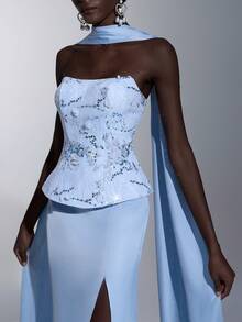 Elitara Elegant Blue Luxury 3D Romantic Beaded Embroidered Lace & Satin Bustier Dress With Mermaid Silhouette High Slit (Detachable Halter Included), Suitable For Weddings, Parties, Galas, Vacations - Blue - View 2