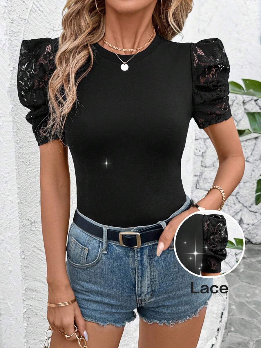 SHEIN Clasi Áo thun nữ cổ tròn tay ngắn phối ren đen bó sát thanh lịch mùa xuân/hè - màu đen - Xem 1