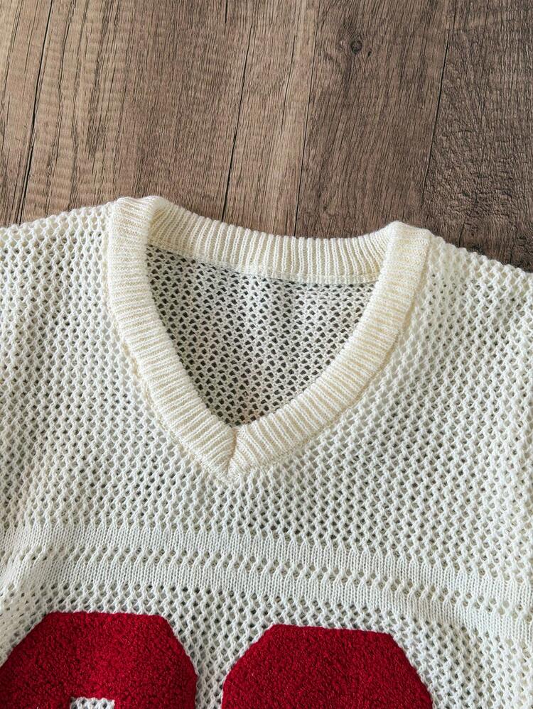 Manfinity Joysei 男士 V 领短袖数字印花镂空针织上衣 - 白色 - 查看 6