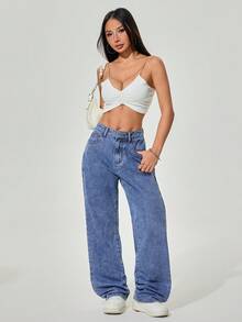 SHEIN ICON Quần jeans ống đứng ống rộng, giặt thường ngày dành cho nữ - Rửa tối - Xem 5