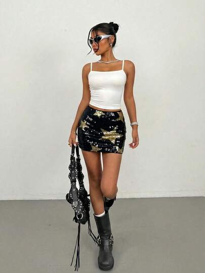 SHEIN Tall Women's Sequin Star Pattern Mini Skirt, Fashionable Street Style For Summer Sequin Skirt
