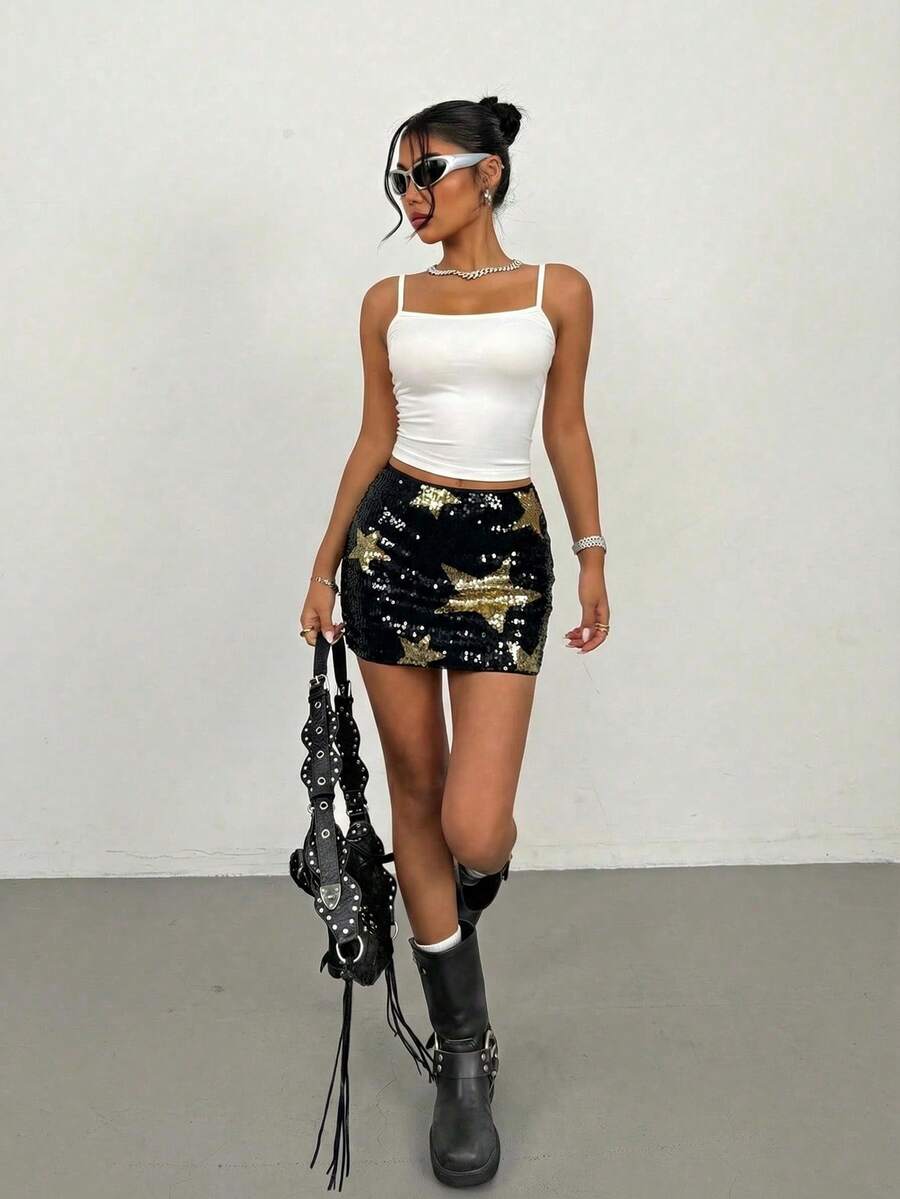 SHEIN Tall Women's Sequin Star Pattern Mini Skirt, Fashionable Street Style For Summer Sequin Skirt