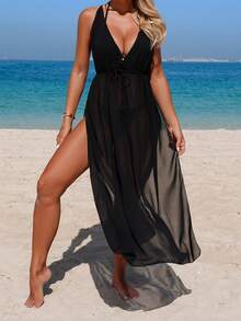 Swim Chiccia 1pc Solid Black Sleeveless V-Neck Backless Sexy Beach Cover Up Dress, Elegant Ladies Swimwear - Black - View 4