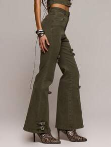 MUSERA Calça jeans flare ajustada com detalhe de fivela na cintura média, perfeita para primavera/verão, encontros românticos, baladas, festivais, férias e passeios. Soul Ties - Verde de Exercício - Ver 3