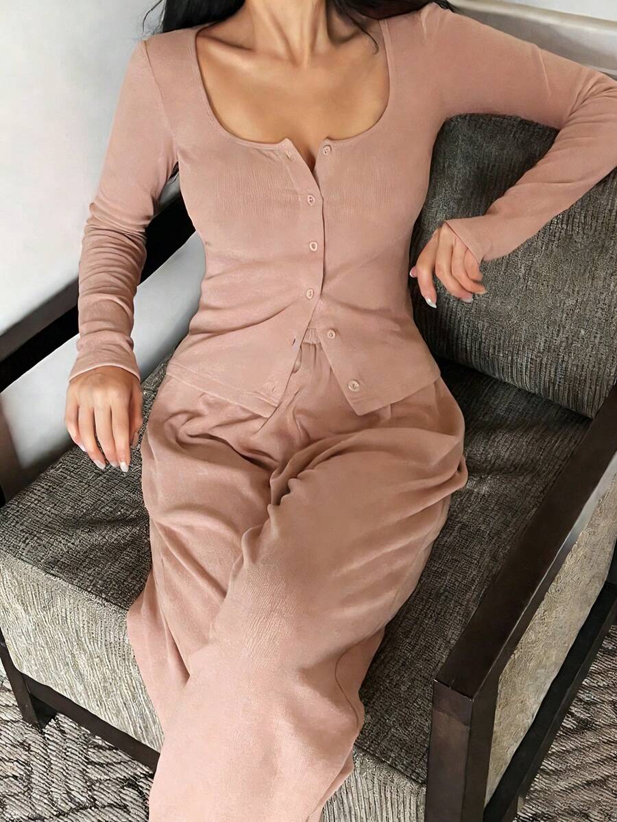 DAZY 女士磨毛针织修身上衣和宽松睡裤家居服套装（2件套），秋冬春季 - 藕粉色 - 查看 1