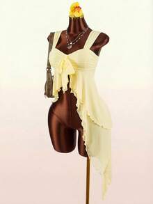 Amplova Romantic Boho Style Asymmetrical Mesh Hem Women Tank Top - Pale Yellow - View 6