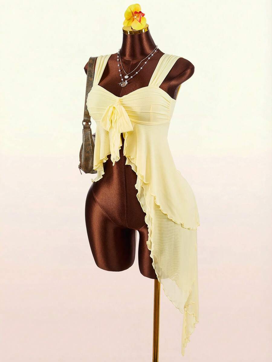 Amplova Romantic Boho Style Asymmetrical Mesh Hem Women Tank Top Women S Resort Wear