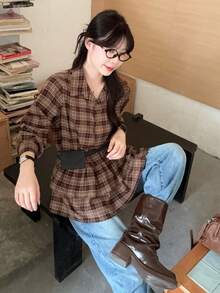 DAZY Women's Turndown Collar Plaid Korean Style Ruffle Trim Long Sleeve Fresh Blouse - Coffee Brown - View 7