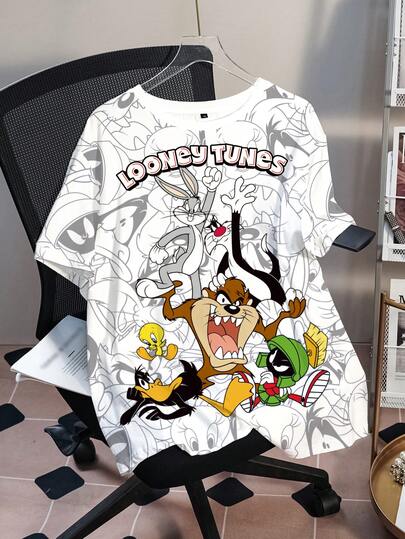LOONEY TUNES X SHEIN Plus Size Summer Casual Daily Letter & Cartoon Animal Print Round Neck Short Sleeve T-Shirt