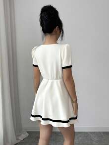 Rafferiza Vestido casual corto de línea A con cuello cuadrado, manga corta, lazo en la cintura y diseño elegante francés de cinta negra para mujer en verano - Albaricoque - Ver 2