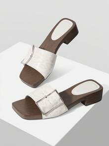 Mnmlis Fashionable & Versatile Wooden Slip-On Sandals With Large Buckle PU Wedge For Women - White - View 7