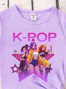 SHEIN Camiseta básica de manga corta y cuello redondo con estampado de dibujos animados para niñas, verano - Negro - Ver 4