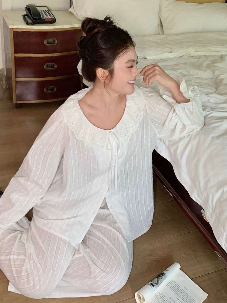 Dazy Plus Plus Size Women Comfortable Mesh Embroidered Long Sleeve Pajama Set