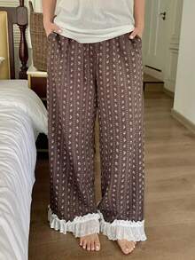 Dazy Plus Pantalones de pijama holgados con volantes y estampado floral para mujer de talla grande - Marrón - Ver 4