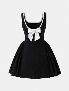 SHEIN Girls' Summer New Arrival Black & White Patchwork Sleeveless A-Line Dress, Sweet & Cute Daily Outfit - Black and White - View 6