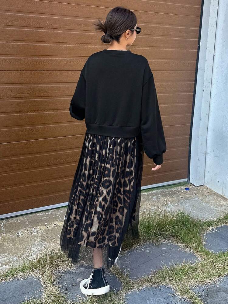 Tall Women's Leopard Print Mesh Patchwork Casual Long Dress Sundress