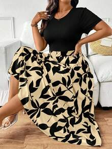 SHEIN Frenchy 大码休闲简约印花拼接修身长款连衣裙，针织面料，适合休闲度假、居家休闲穿着，绿色连衣裙 - 彩色 - 查看 4