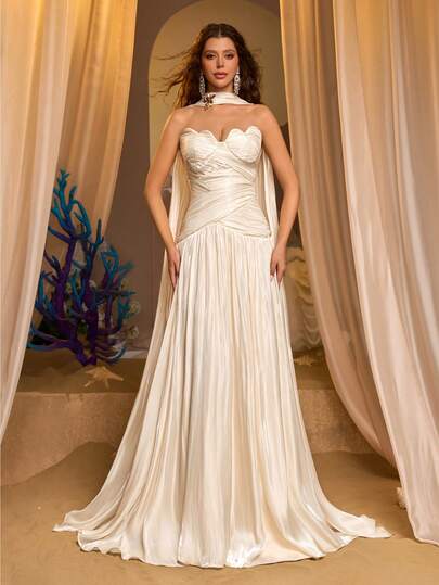 Glamrae Elegant, Romantic, Fashionable Apricot Organza Fabric Ruched Decor Extra-Large Skirt Hem Elegant Party Wedding Guest Dress, Formal Maxi Gown, Ivory Color