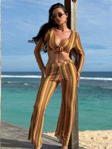 Swim Vcay 2pcs/Set Women's Knitted Hollow Out Cover Up And Pants, Vacation Style Swimsuit Cover Up, Spring/Summer 2026 - Multicolor - View 3
