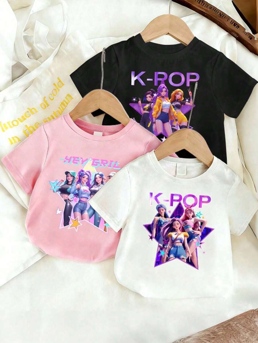 SHEIN Áo thun ngắn tay cổ tròn in chữ và hoạt hình phong cách thường ngày cho bé gái, thích hợp mặc mùa hè. - Hồng - Xem 1