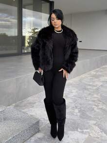 Vassilux Fashionable Solid Color Faux Fur Jacket, Autumn/Winter - Black - View 4