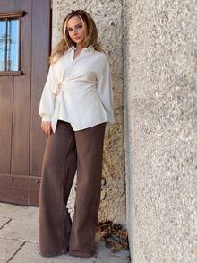 Jeta Ari 女式半开襟侧系带套头衫休闲优雅衬衫长袖上衣 - 白色 - 查看 5