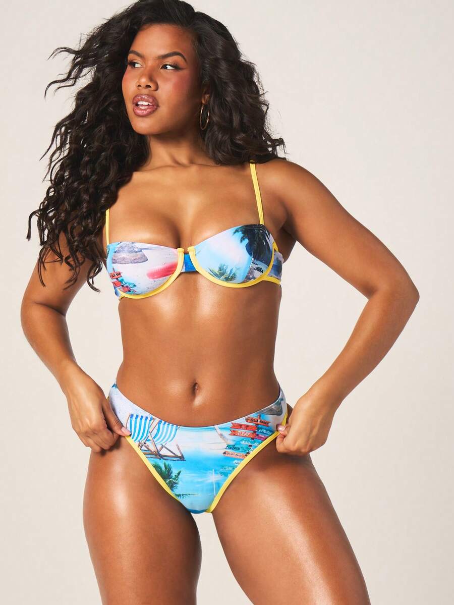 MISSGUIDED Beach Print Triangle Bikini Bottoms With Tropical Island Destination Signage Design Low Rise - Multicolor - View 1