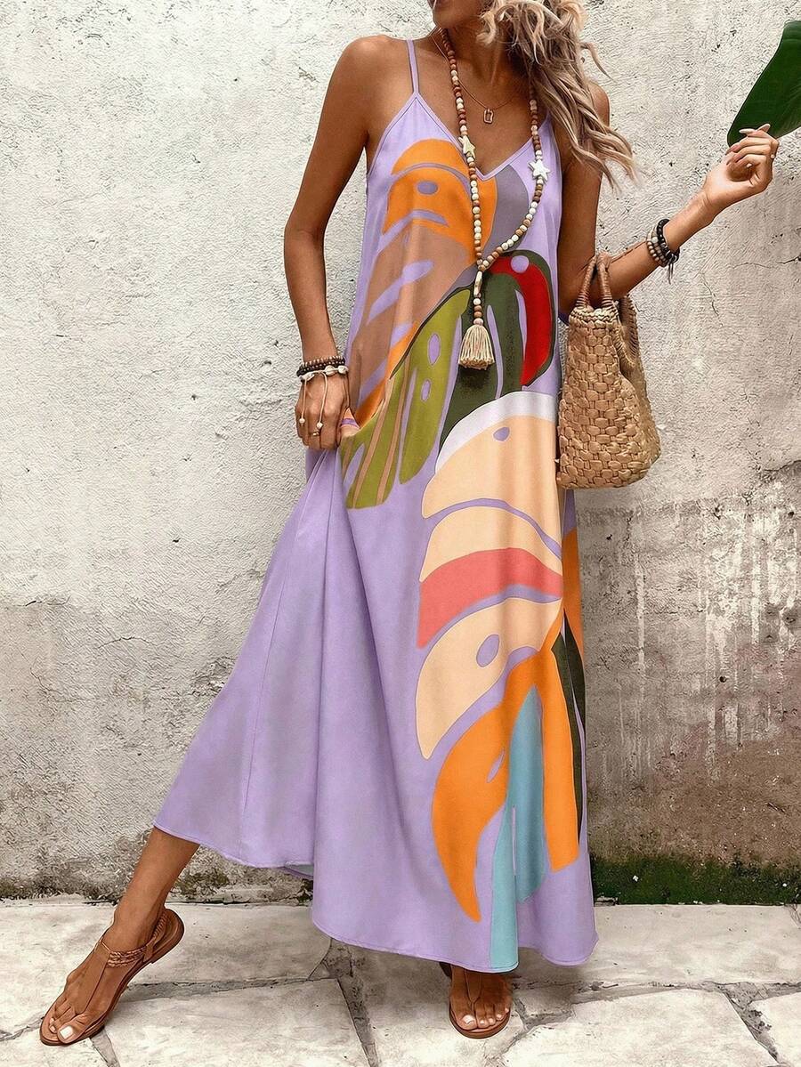 EMERY ROSE Đầm maxi hai dây in họa tiết lá cây nhiều màu sắc thời trang dành cho nữ. - Màu tím hoa cà - Xem 1
