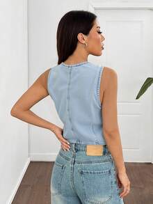 Chaleco Vaquero Sin Mangas para Mujer, Cuello en V y Corte Corto con Botones Frontales - Azul - Ver 2