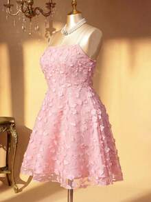 Elenzga Elegantes kurzes Kleid in Große Größen für Damen, mit gewebter Stickerei, Mesh-Lagen und Blumenmuster, Pink - Pink - Übersicht 4