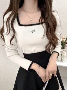 FRIFUL Women's Contrast Color Square Neck Long Sleeve Bow Decor Slim Fit Casual Pullover Sweater, Autumn - White - View 3