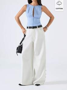 LYSMO 2026 Women's Casual Light Blue Striped Hollow Out Waist Camisole,Summer Chic Night Out Minimalism Cotton Stylish Blouses, Top For Women - Blue - View 1