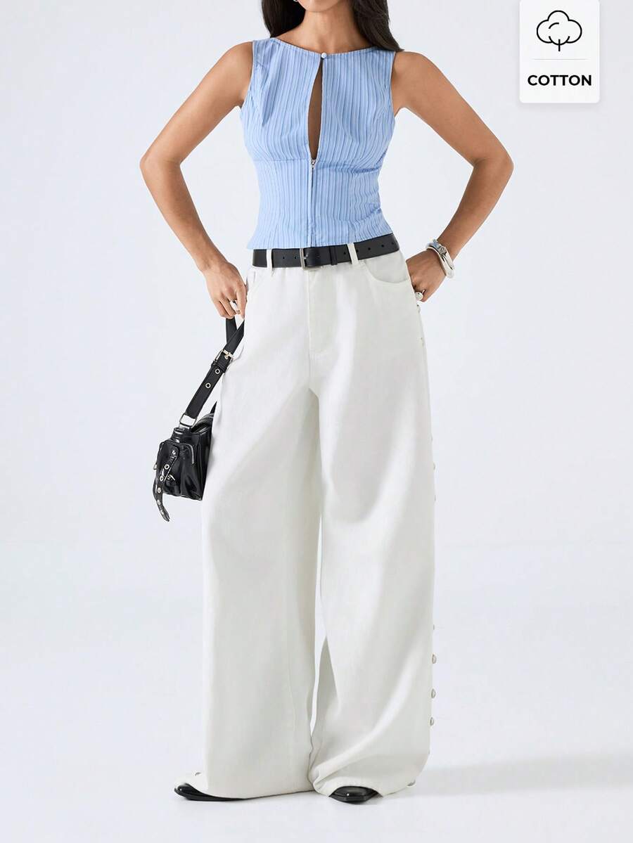LYSMO 2026 Women's Casual Light Blue Striped Hollow Out Waist Camisole,Summer Chic Night Out Minimalism Cotton Stylish Blouses, Top For Women - Blue - View 1