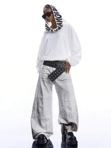 LYSMO Sudadera holgada y casual con estampado de letras y hombros caídos, versátil para uso diario en primavera/otoño - Blanco y Negro - Ver 9