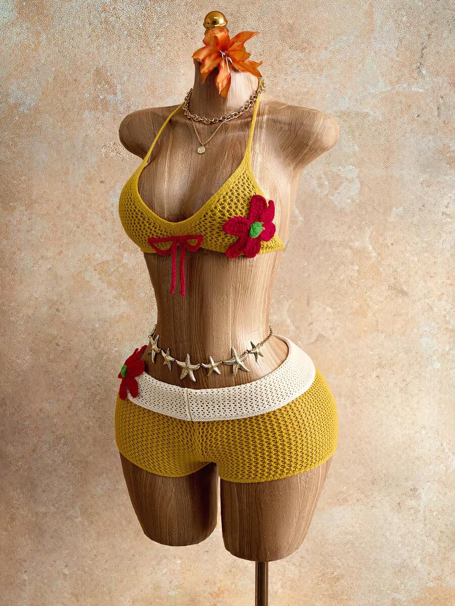 Mistrie 女士黄色吊带比基尼上衣和红色花卉蝴蝶结修身性感度假毛衣两件套，春夏款 - 黃色 - 查看 1
