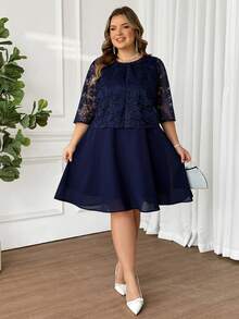 SHEIN CURVE+ 新款加大码女士优雅藏蓝色纯色蕾丝无袖上衣连衣裙两件套，夏季生日/活动/办公/教堂/婚礼/节日礼服 - 藏蓝色 - 查看 7