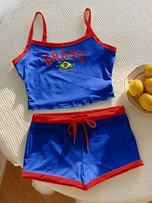 Comfortcana Set Atasan Tanpa Lengan dan Celana Pendek Super Pendek Warna Bendera Brasil - MultiWarna - View 6