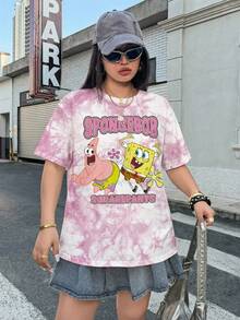 SpongeBob SquarePants | SHEIN Plus Size Cartoon Print Round Neck Short Sleeve T-Shirt - White - View 3