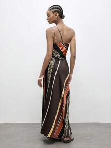 Maija Brown Dress Striped Dress With Asymmetric Hem, Asymmetrical Shoulder, Suitable For Vacation & Beach Tighten The Waist Beach Dress Summer Dress Festival Dresses Elegant Holiday Outfits - Multicolor - View 5