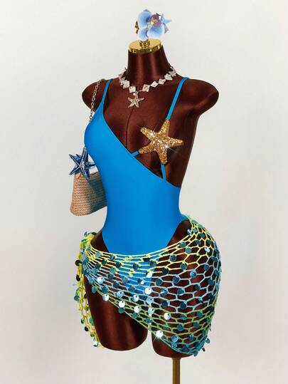 Amplova Women's Starfish Bra Splice One-Piece Swimsuit, Sexy & Avant-Garde, Suitable For Beach Vacation, Blue Solid Color Monokini Spring Clothes Women