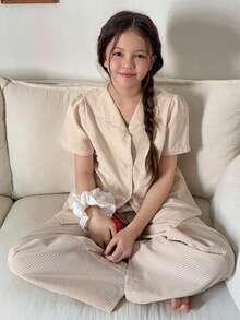 DAZY Tween Girl Striped Petal Sleeve Button-Up Top And Pants Pajama Set - Khaki - View 7