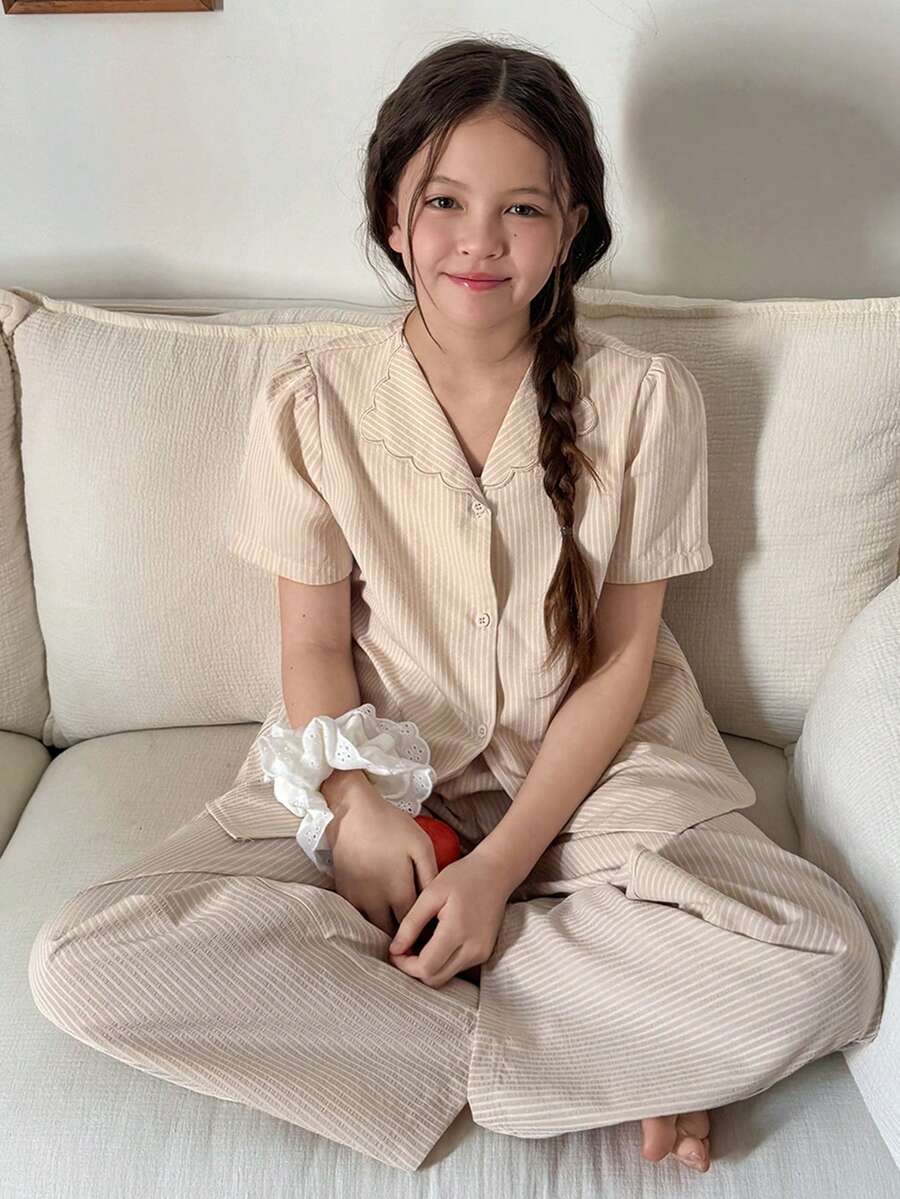 DAZY 少女条纹花瓣袖纽扣上衣和裤子睡衣套装 - 卡其色 - 查看 1
