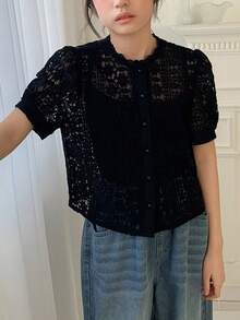 DAZY Girls' Round Neck Lace Petal Sleeve Blouse - Black - View 5