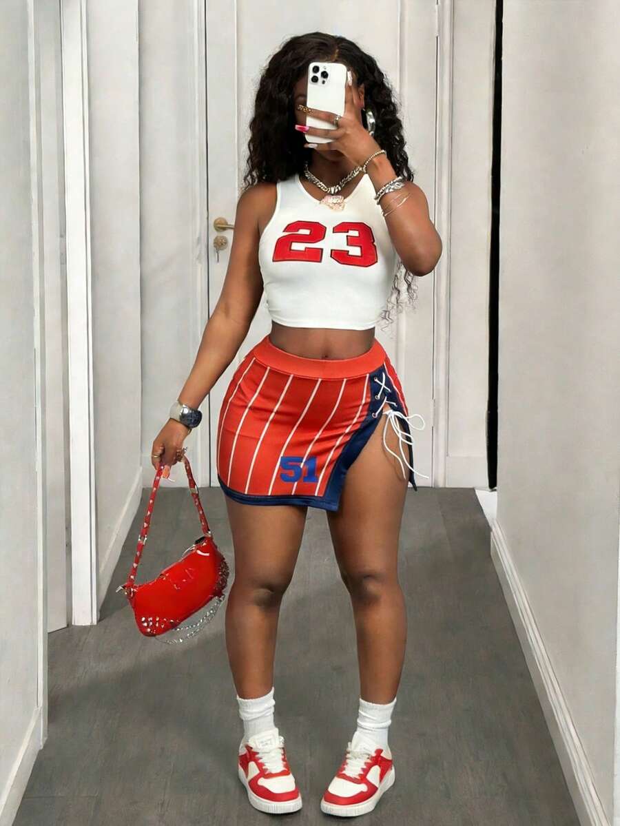 BamGleam 女士条纹数字印花镂空系带短裙 - 彩色 - 查看 1