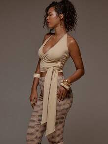 MUSERA Plunge Halterneck Cross Front Tie Detail Fitted Cropped Cami Top Spring Summer Holiday Vacation Beach Ibiza Festival Party Elegant Divinity - Apricot - View 4